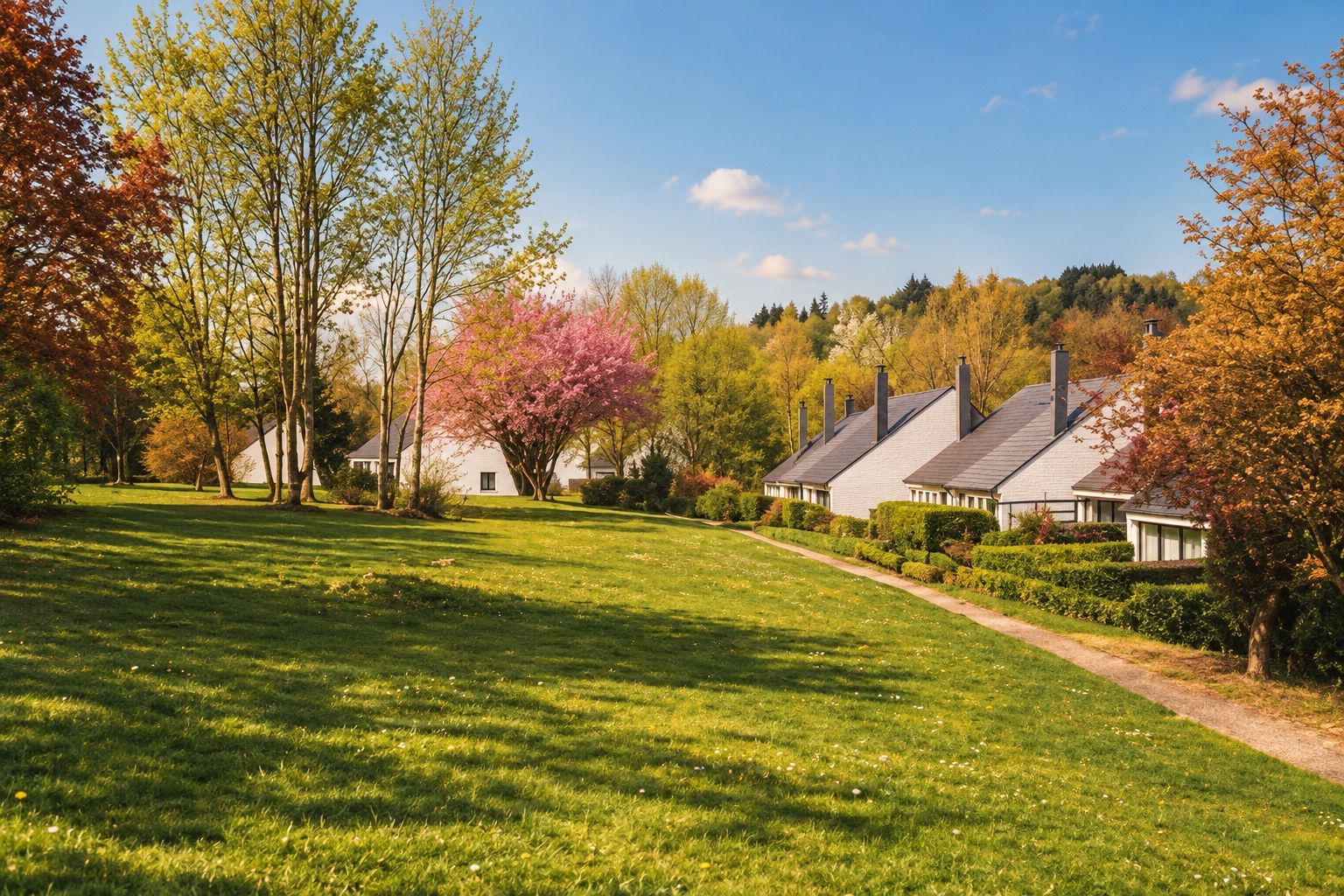 Le Domaine des Gaux : une rangée de bungalows blancs le long d’une grande pelouse bordée d’arbres