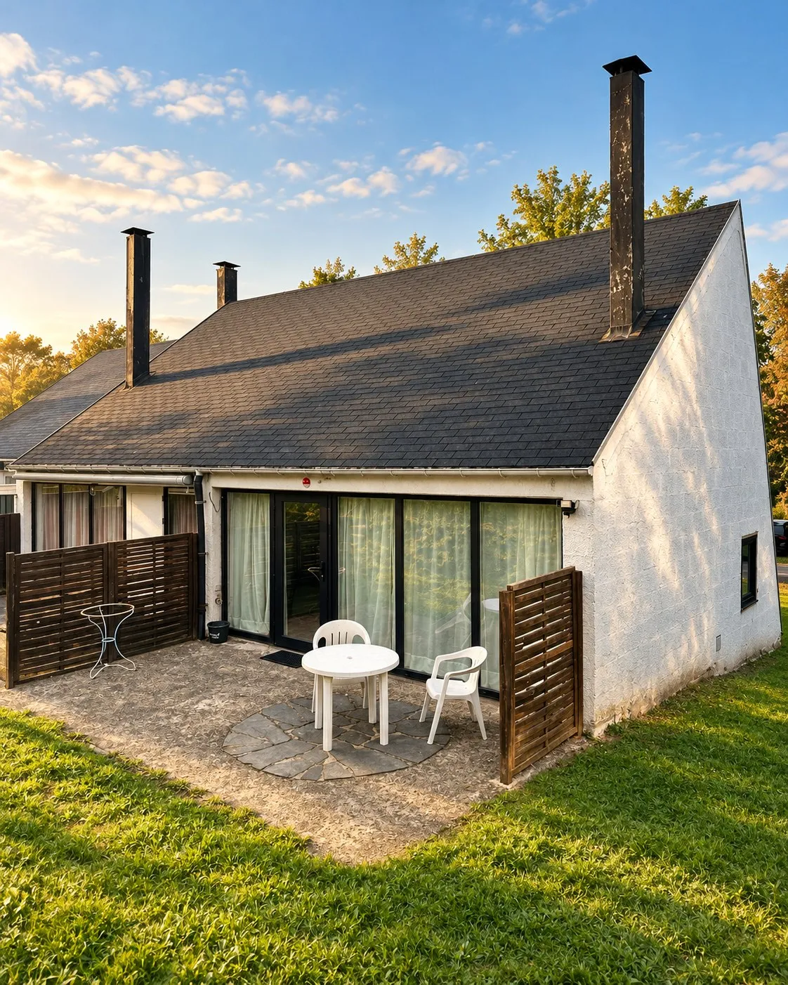 Le bungalow 121 en bout de rangée, sa terrasse et sa pelouse au soleil du soir