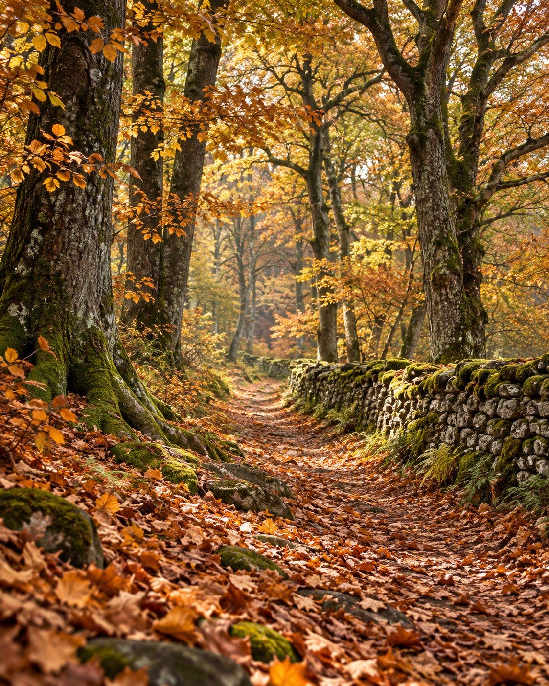 Un sentier forestier bordé d’un muret moussu, en automne