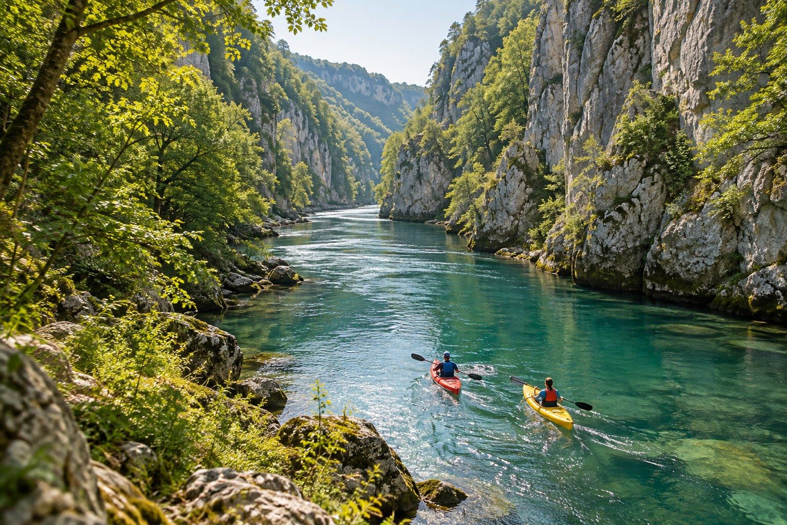 Deux kayaks descendent une rivière au pied des falaises
