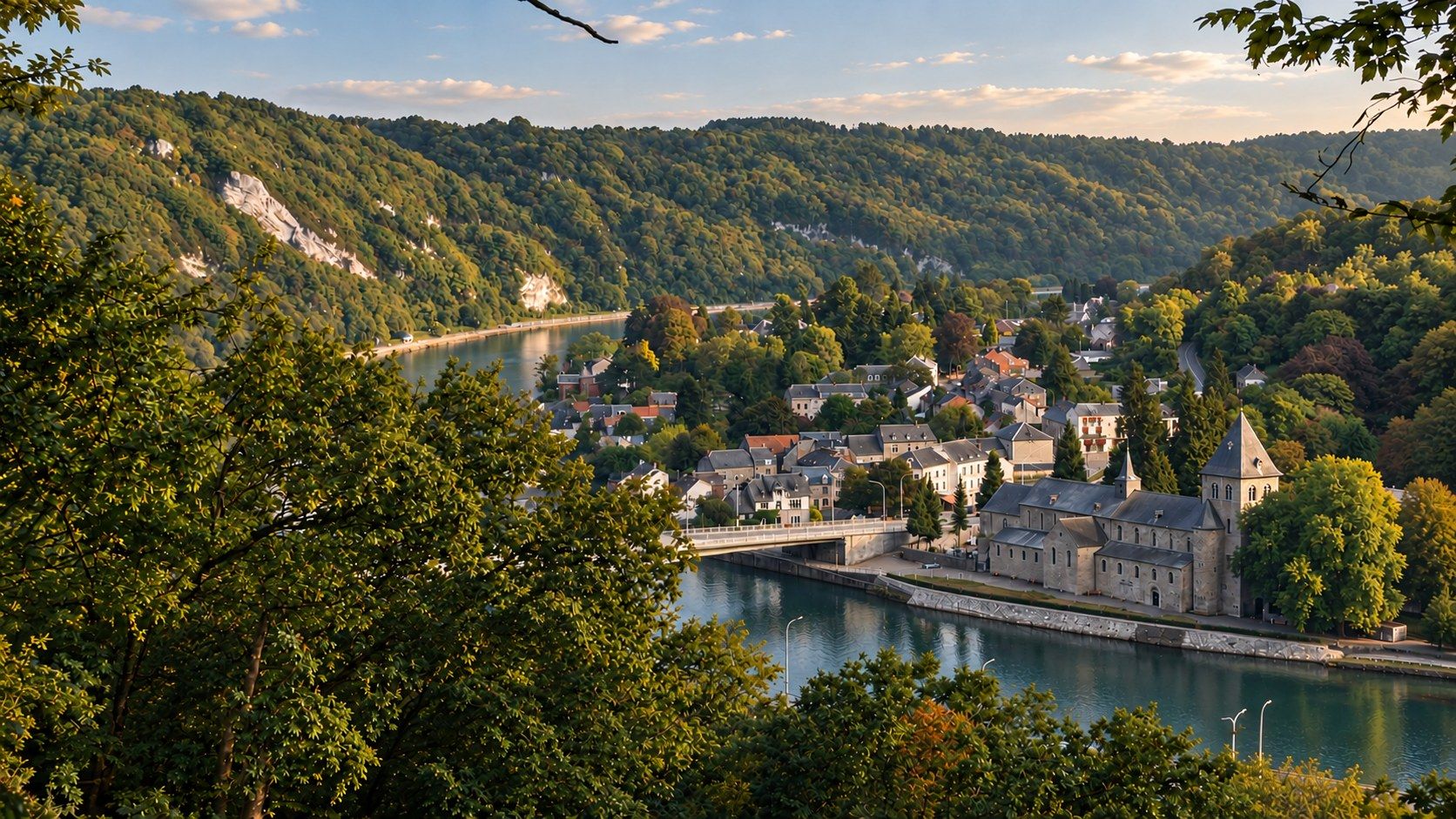 Un village au bord de la Meuse, entre collines boisées et falaises calcaires