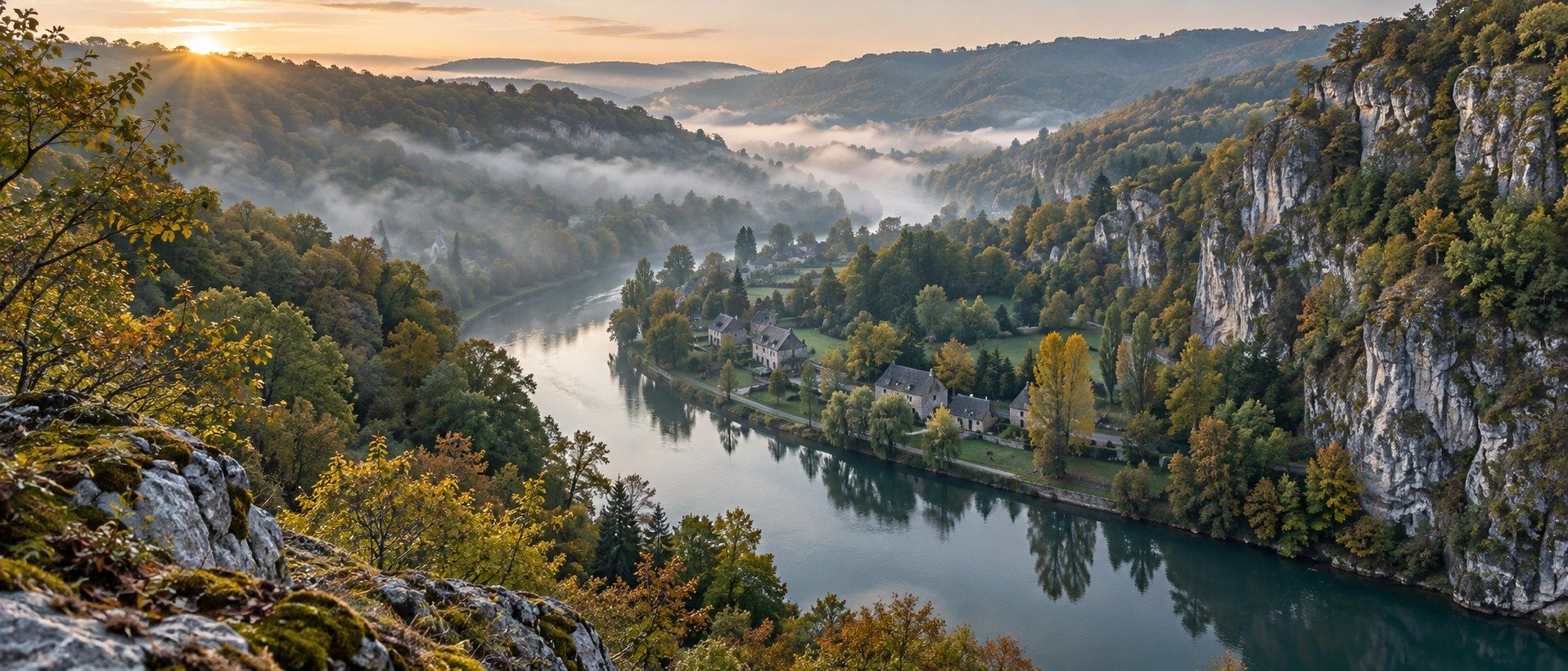 Une rivière qui serpente entre forêts et falaises calcaires, quelques maisons sur la rive, brume du matin