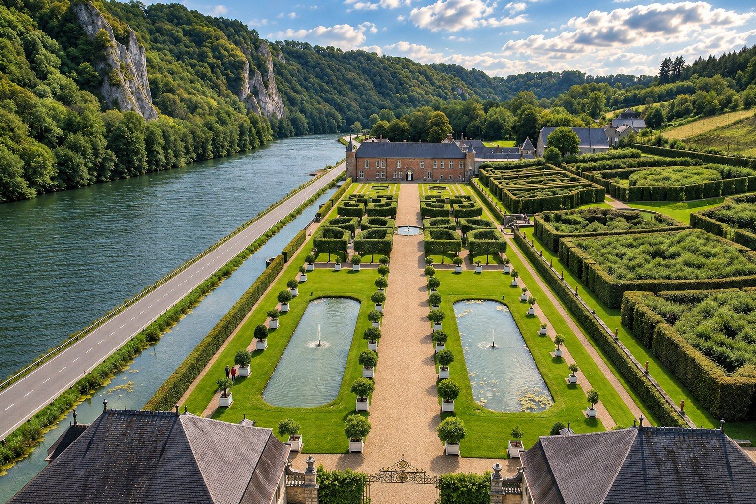 Le château de Freÿr et ses jardins au bord de la Meuse, face aux rochers