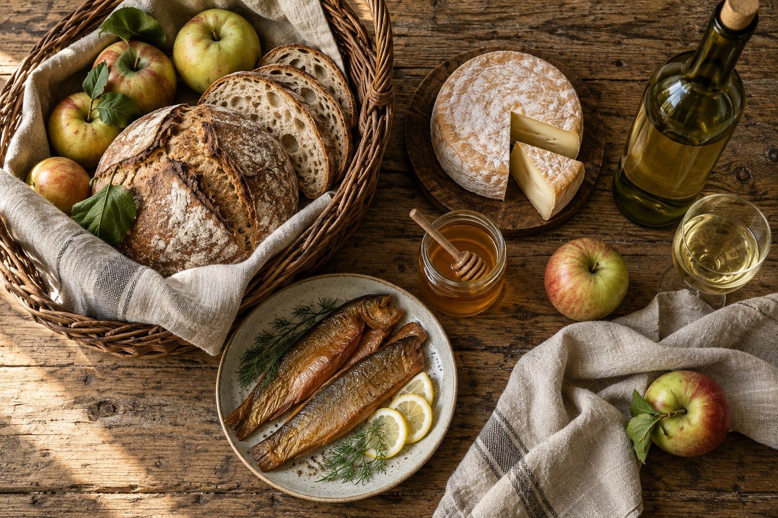 Pain de campagne, pommes, fromage, truites fumées, miel et vin blanc sur une table en bois
